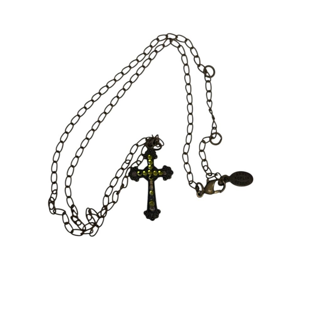 Antique Bronze Anne Koplik Designs Cross Necklace With Yellow Rhinestones And Lo